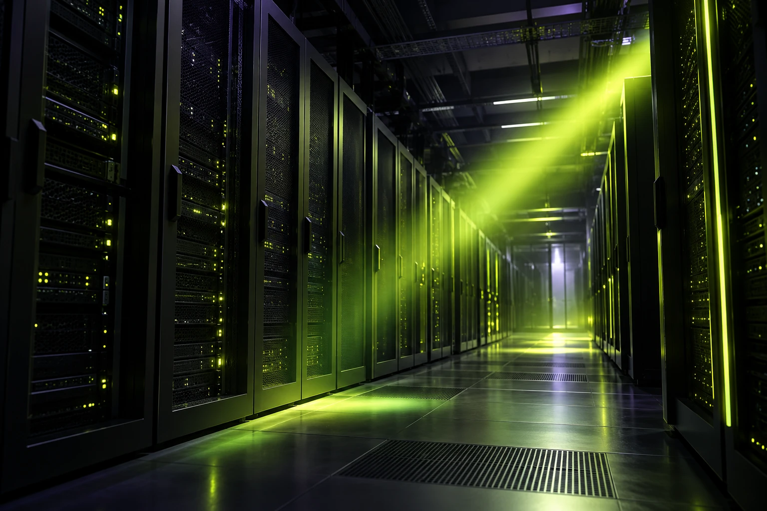 Tmavá serverová infraštruktúra s limetkovým osvetlením